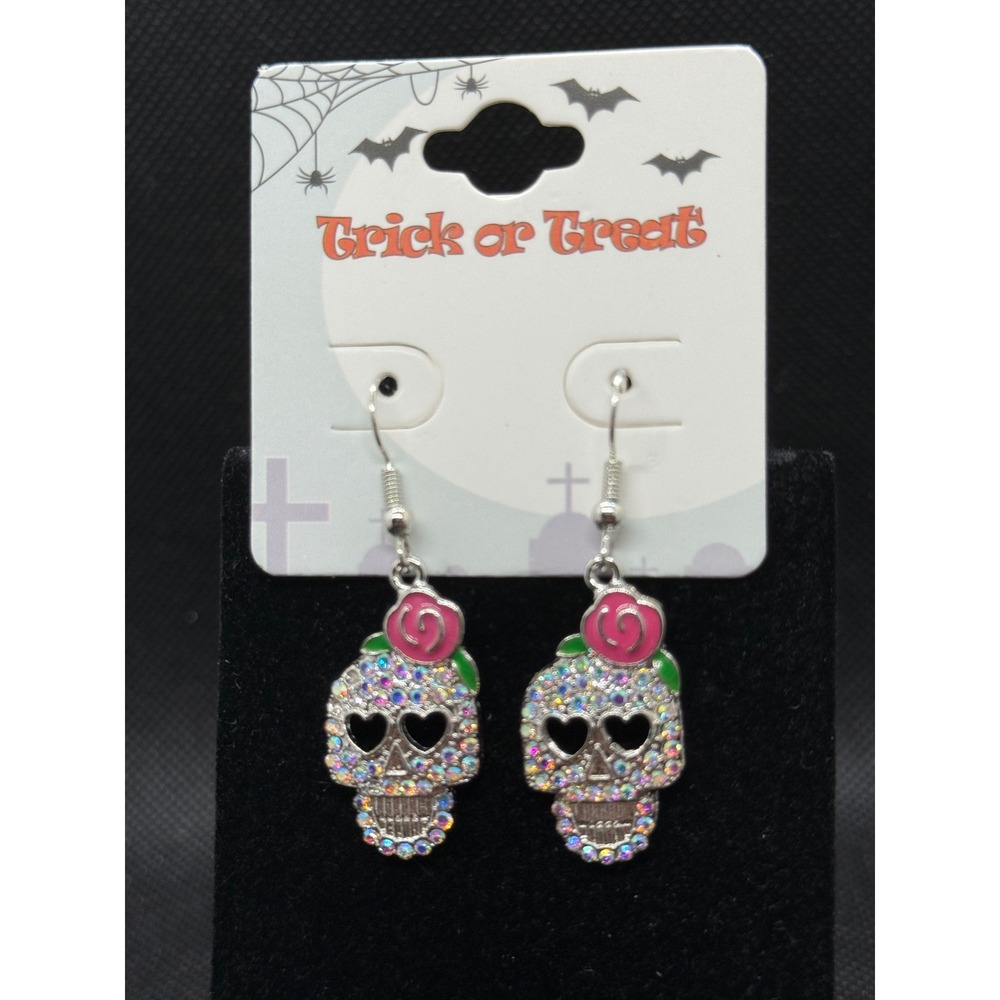 Sugar Skull Halloween Earrings Pink Rose Rhinestone Day of the Dead CR4088